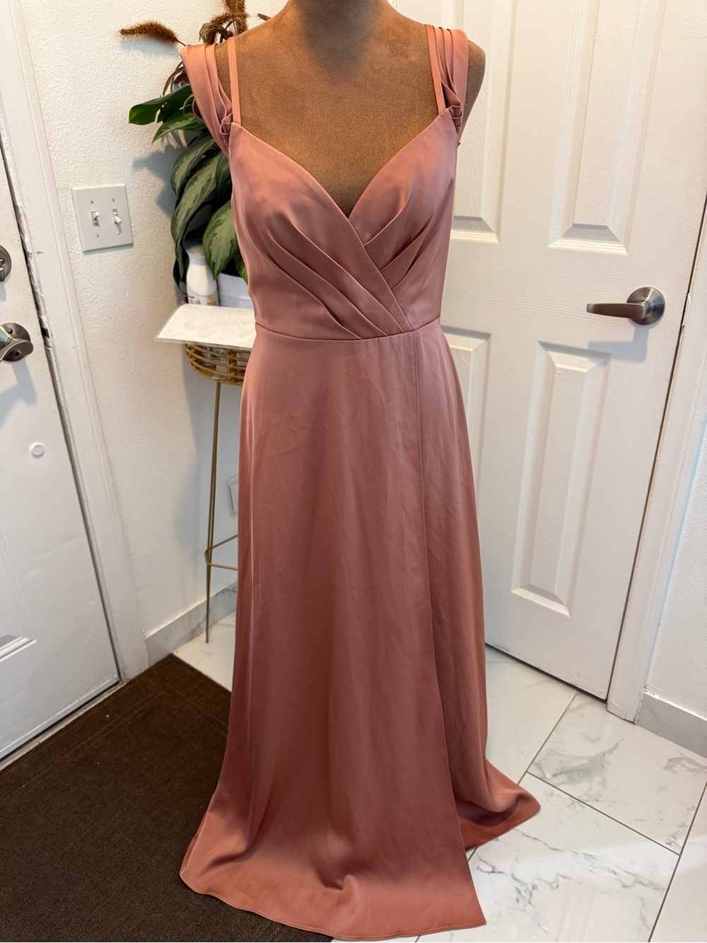 Azazie Rose Mauve Satin V-Neck Maxi Dress